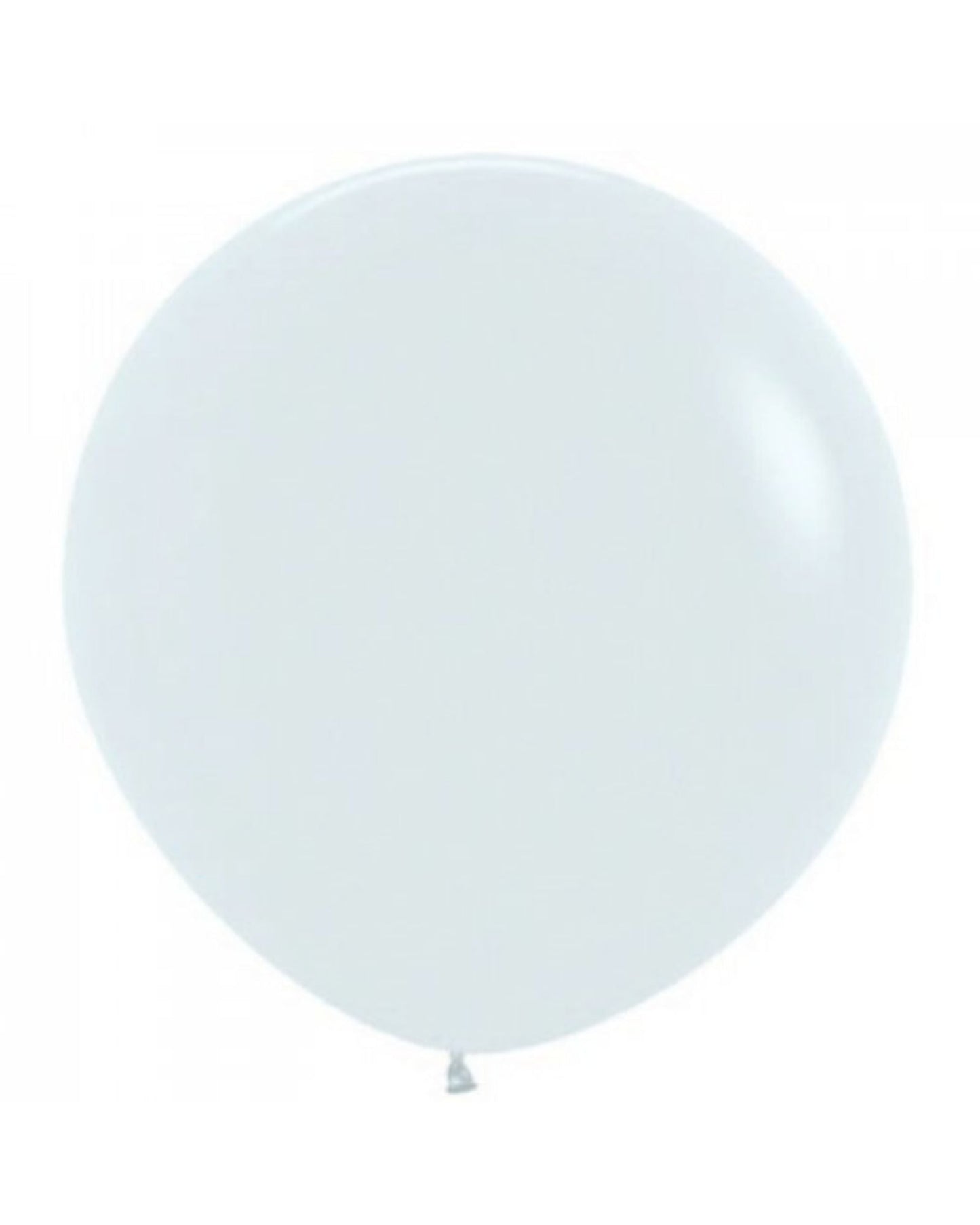 A large, glossy white balloon floating against a light background, showcasing its smooth, reflective surface.