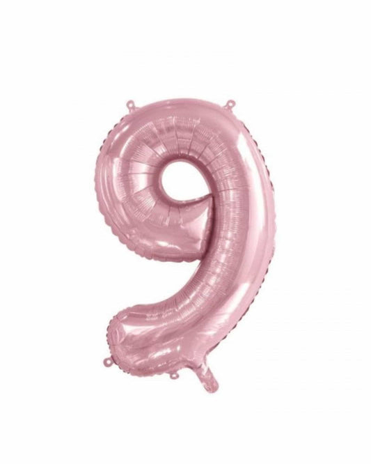 A shiny, rose gold number nine balloon with a smooth surface and rounded edges. Perfect for celebrations.