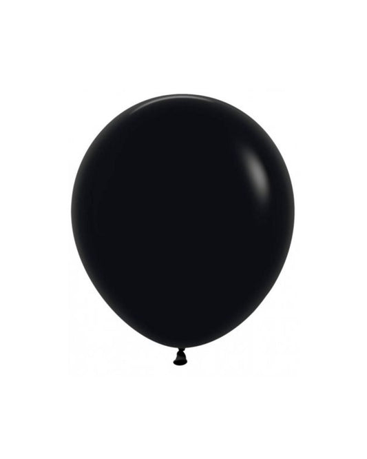 A glossy black balloon floating against a white background, showcasing its smooth surface and round shape.