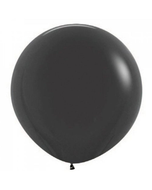 A large, glossy black balloon with a rounded shape and a small tied end, set against a light background.