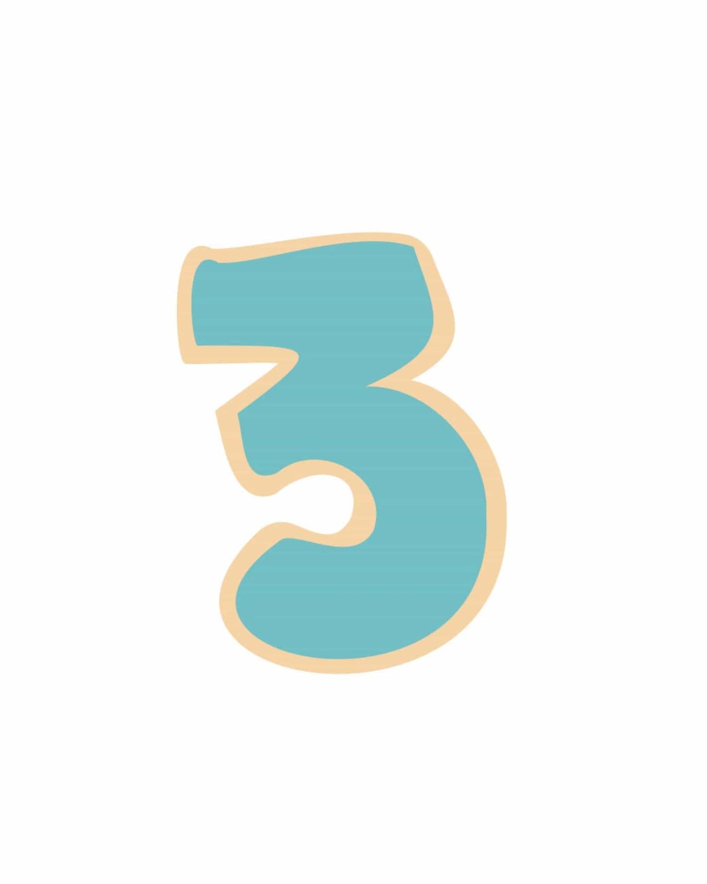 A large, playful number three in teal with a cream outline on a white background.