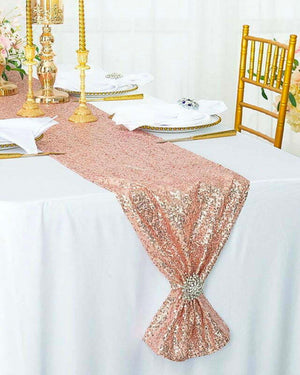 Rose Gold Sequin Table Runner presented on a table
