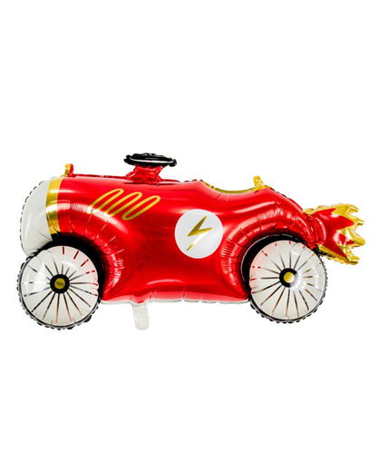 Bright red balloon shaped like a vintage racing car, featuring a lightning bolt and bold wheel designs.