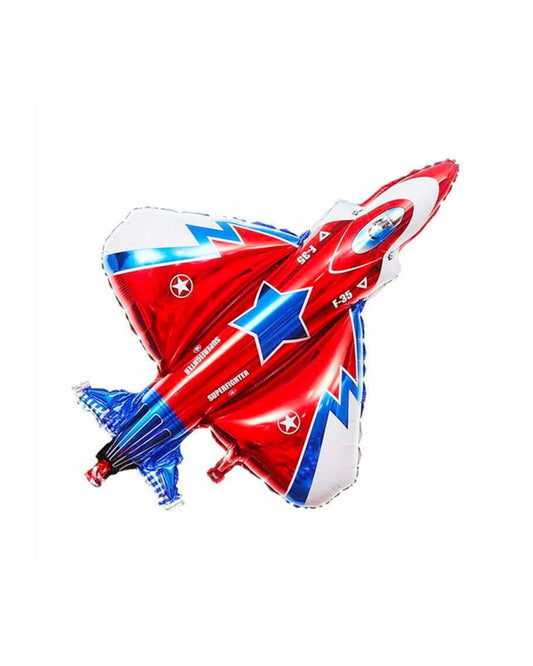 A vibrant red and blue jet-shaped balloon with star and lightning bolt patterns, showcasing a fun, playful design.