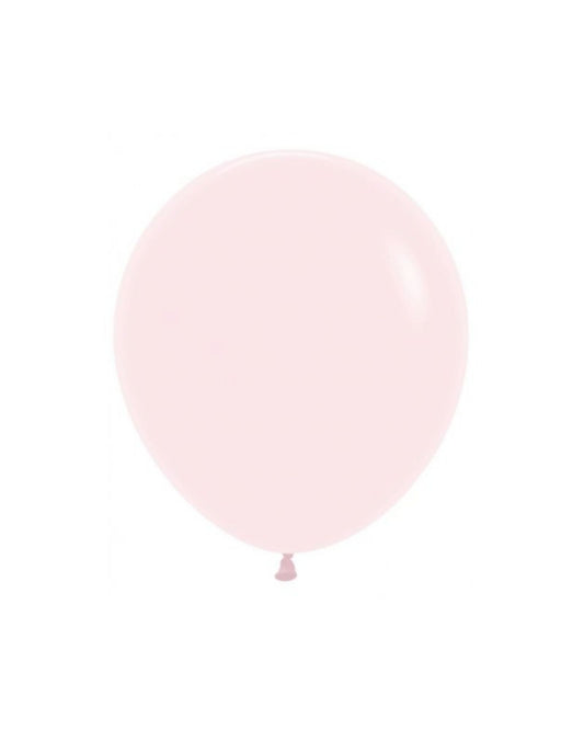 A pale pink balloon with a rounded shape, hanging from a small knot, set against a plain white background.