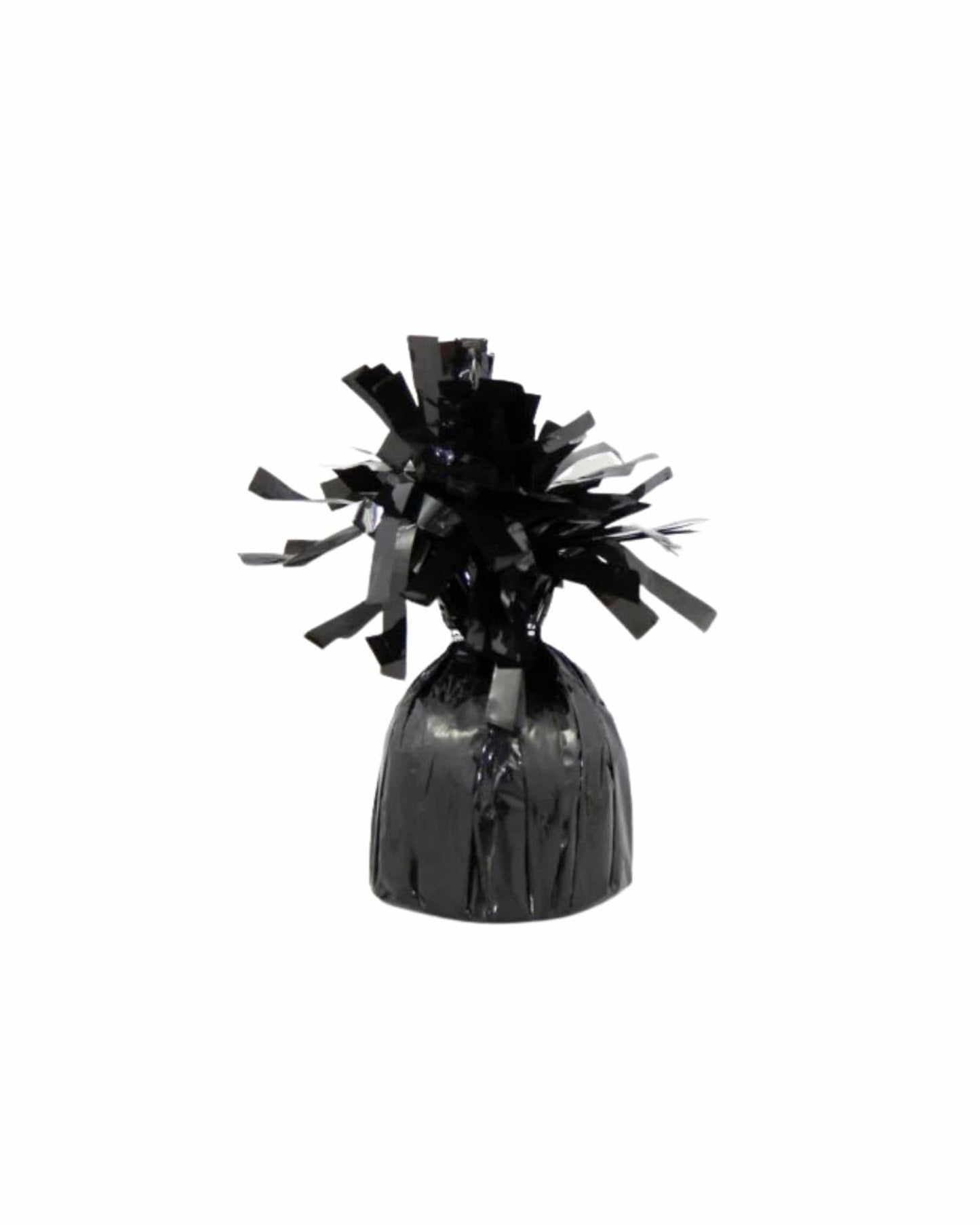 A shiny black bundle with spiky strips on top, creating a playful, textured appearance against a white background.