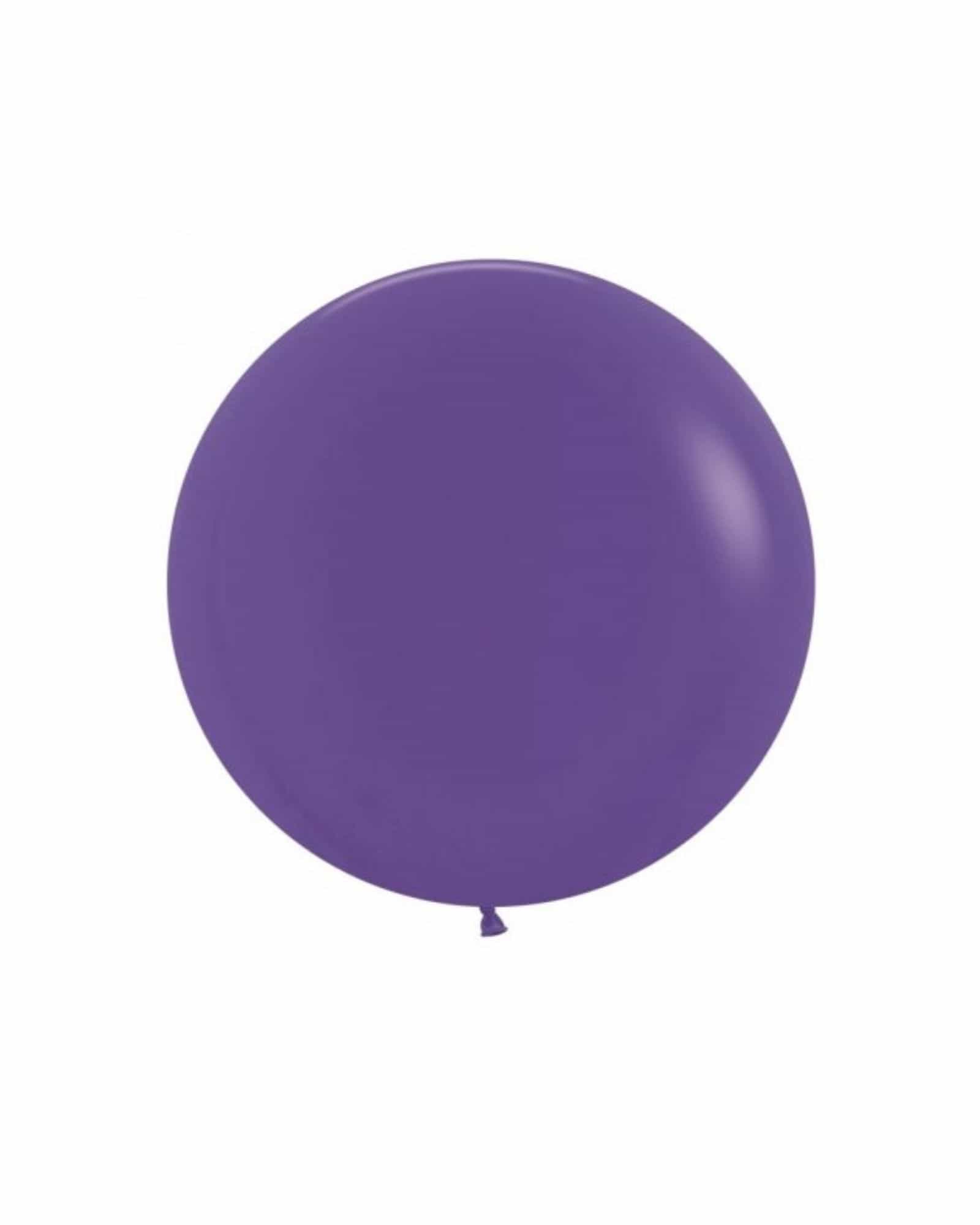 A vibrant purple balloon featuring a smooth, glossy surface, suspended against a clean, white background.