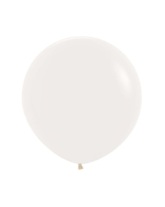 A smooth, round white balloon with a tied end, set against a plain background.