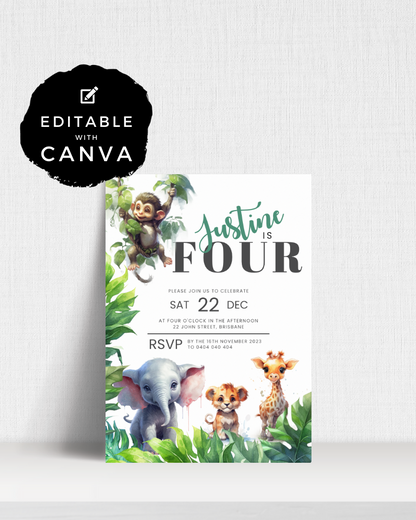 Colorful invitation featuring a playful monkey, elephant, lion cub, and giraffe among lush green leaves.