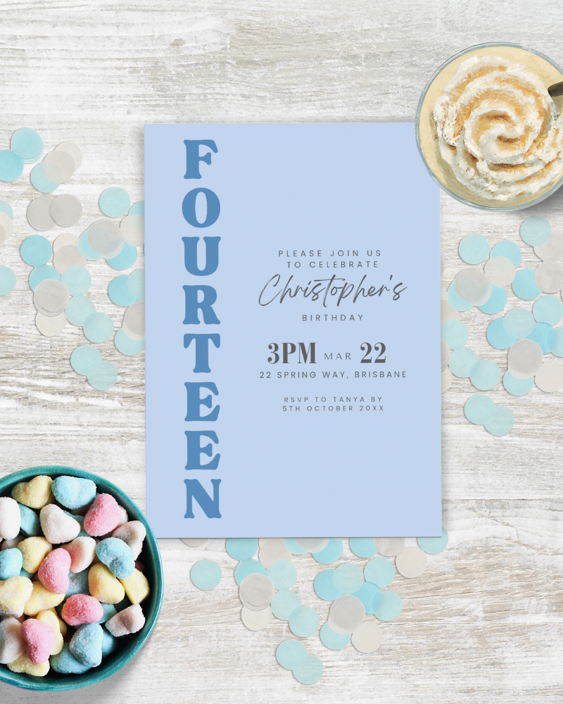 A light blue invitation featuring bold text for a birthday celebration with colorful heart-shaped sweets and confetti.