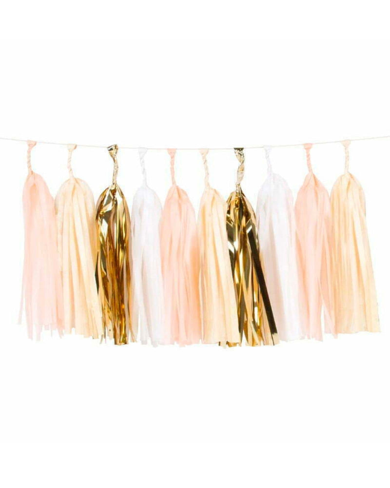 
            
                Load image into Gallery viewer, Peachy Pink, White &amp;amp; Gold Hanging Tassel Garland - A Little Whimsy
            
        