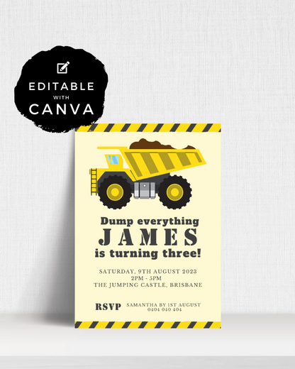 Birthday invitation featuring a yellow dump truck on a light background with black and yellow striped borders.