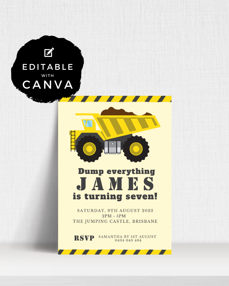 Birthday invitation featuring a yellow dump truck, bold text, and caution stripes on a light background.