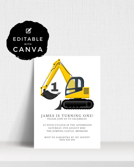 A cheerful birthday invitation featuring a yellow digger and festive text for a first birthday celebration.