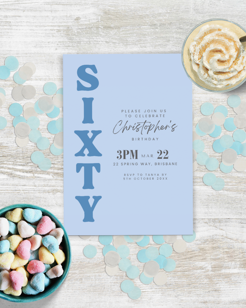 Birthday invitation featuring blue background, bold "SIXTY," heart-shaped candies, and scattered confetti.