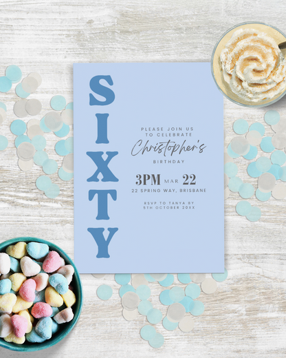 Birthday invitation featuring blue background, bold "SIXTY," heart-shaped candies, and scattered confetti.