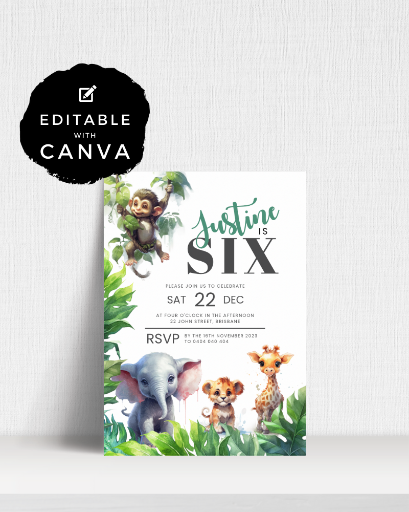 Colorful invitation featuring a monkey, elephant, lion cub, and giraffe among lush green foliage, celebrating a birthday.