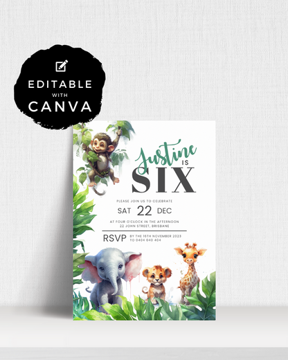 Colorful invitation featuring a monkey, elephant, lion cub, and giraffe among lush green foliage, celebrating a birthday.