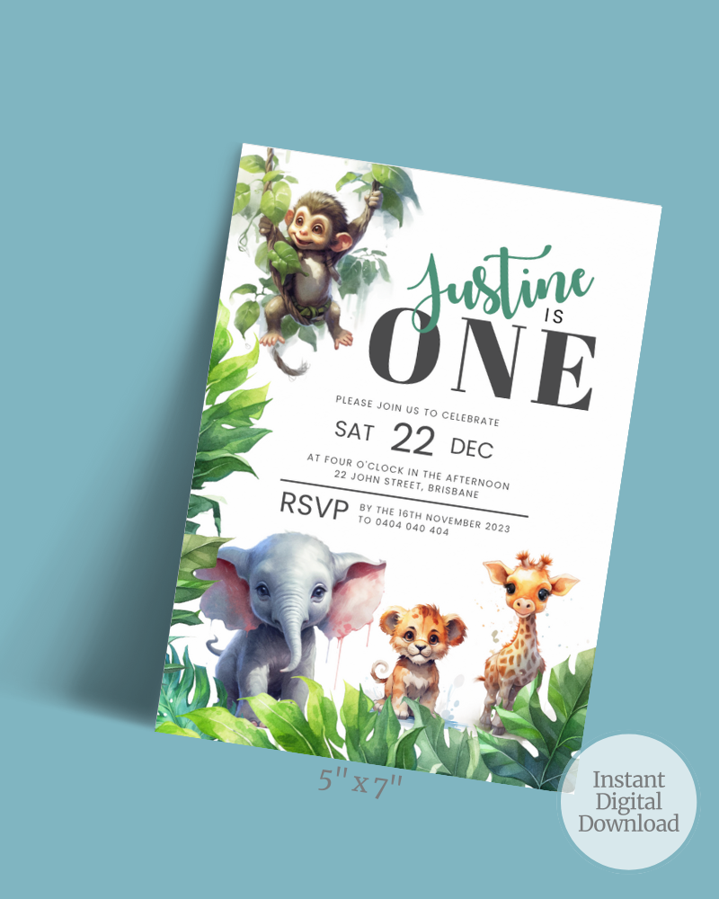 Colorful jungle-themed invitation featuring a monkey, elephant, lion cub, and giraffe among lush greenery.