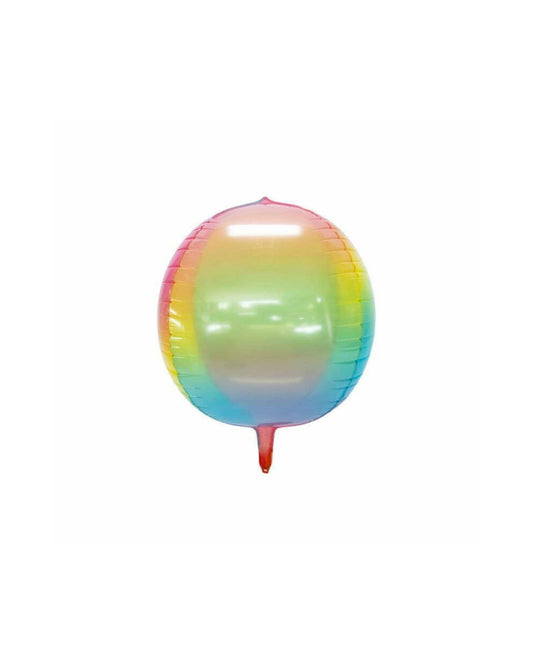 A shiny, iridescent balloon displaying vibrant rainbow colors, featuring a rounded shape and a pointed tip.