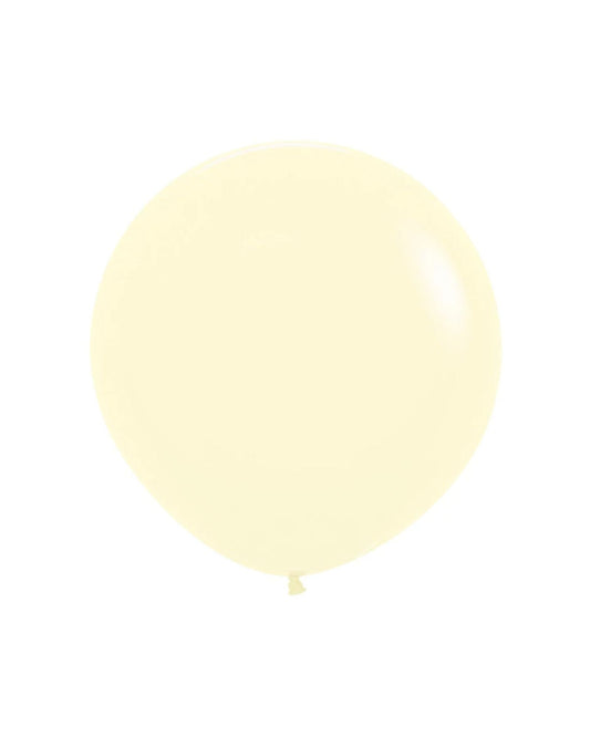 A round, pale yellow balloon with a smooth surface, floating against a white background.