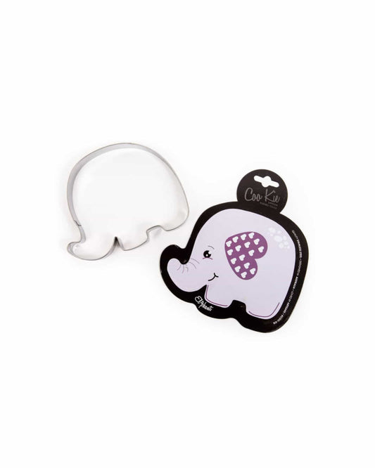 Elephant-shaped cutter with a playful purple and white heart pattern on a black backing.