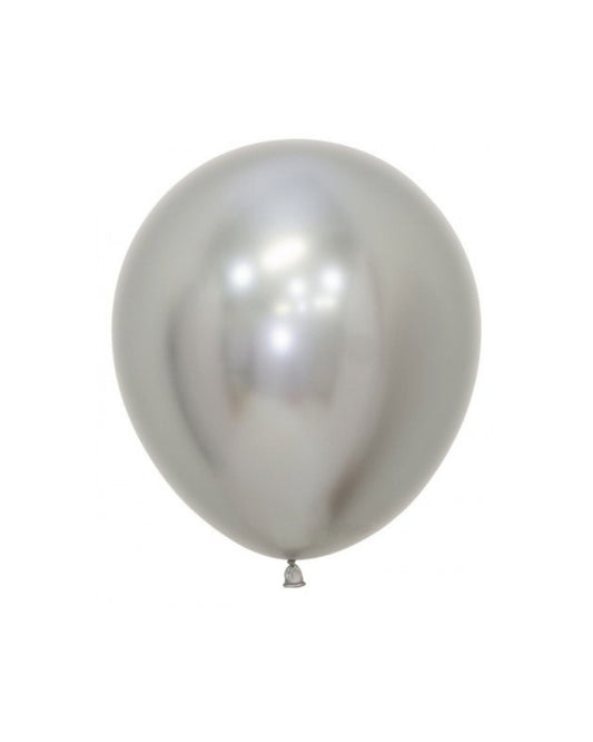 Shiny silver balloon with a smooth surface, reflecting light, suspended against a plain background.