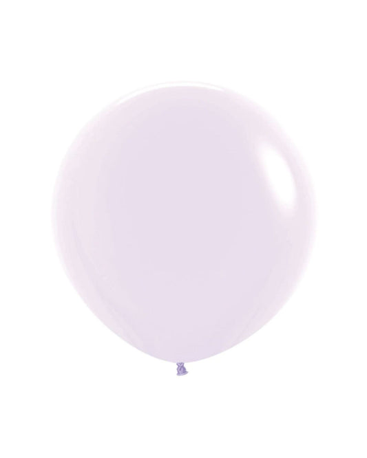 A glossy, pale lavender balloon floats against a white background, featuring a tied end and a smooth, round shape.