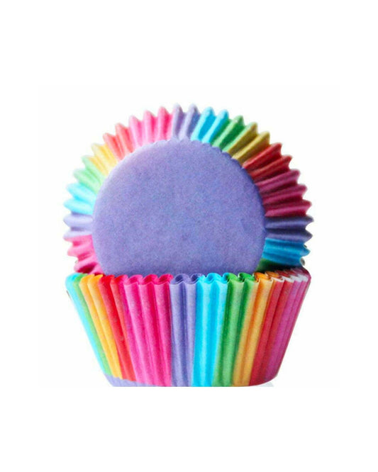 Colorful cupcake wrapper featuring a vibrant rainbow gradient and a purple top, creating a cheerful appearance.