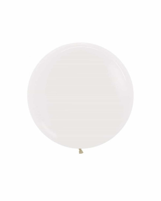 A large, round, white balloon with a small tied end, floating against a minimalistic background.