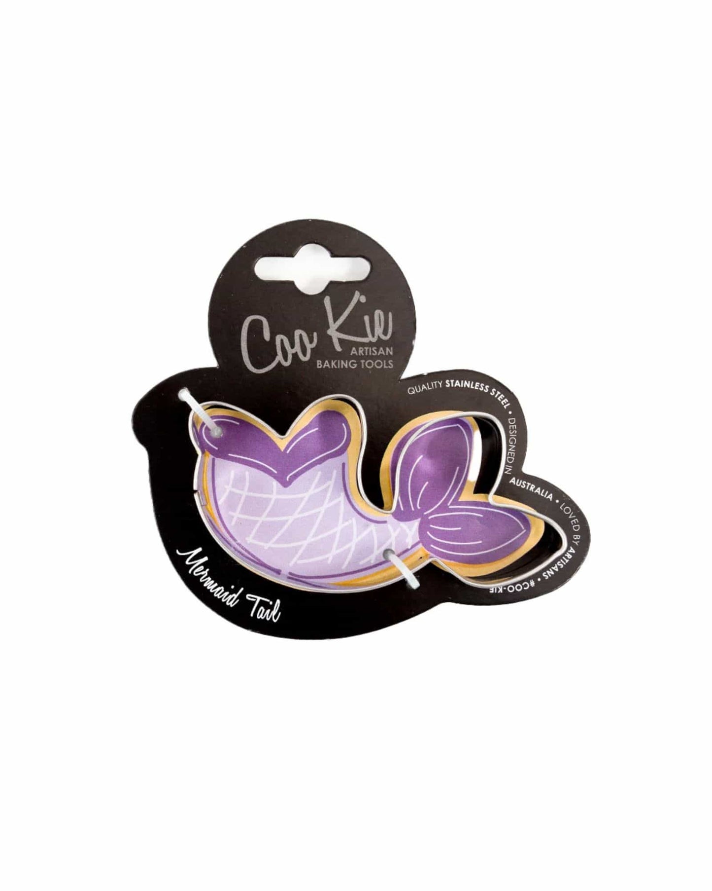 Purple mermaid tail shape with a shiny finish, featuring a golden outline and a hanging tag with branding details.