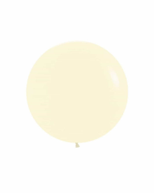 A large, pale yellow balloon with a smooth surface, floating against a plain white background.