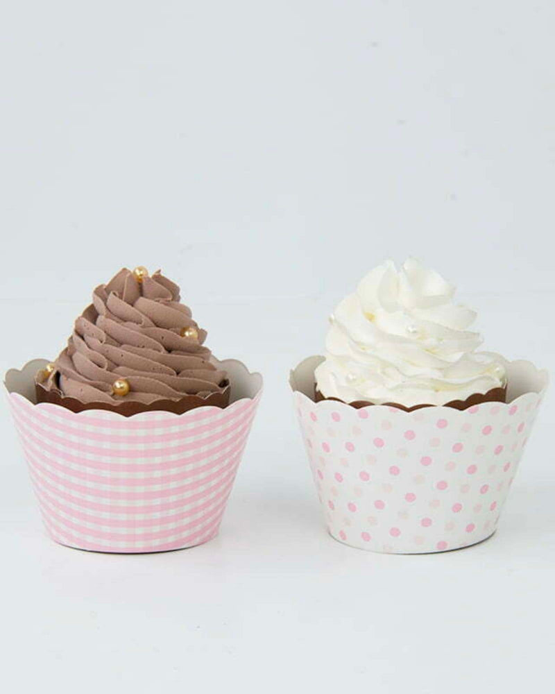 Chocolate and vanilla cupcakes with pink gingham stripes and polka dot cupcake wrappers