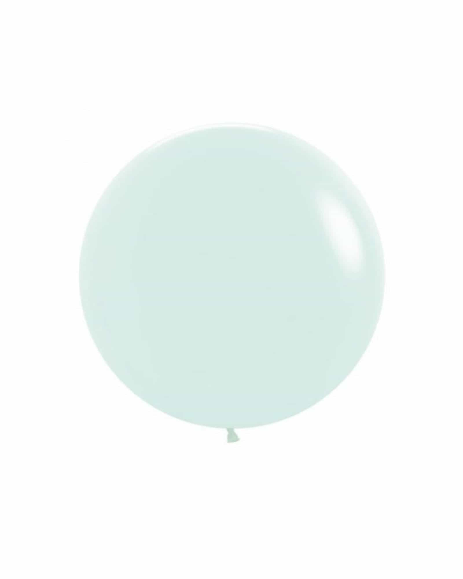 A soft, pastel green balloon floats against a plain white background, reflecting light with a glossy sheen.