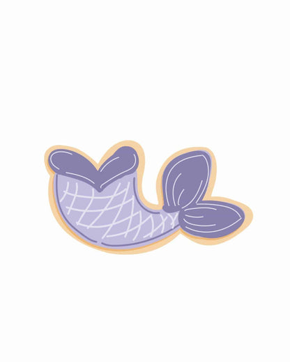 Purple fish tail illustration with a heart-shaped top and a light outline against a white background.