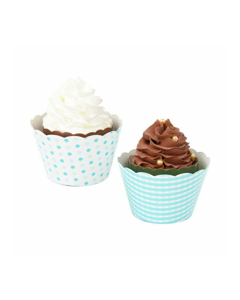 
            
                Load image into Gallery viewer, Chocolate and Vanilla cupcakes in Blue gingham stripe and polka dot cupcake wrappers
            
        
