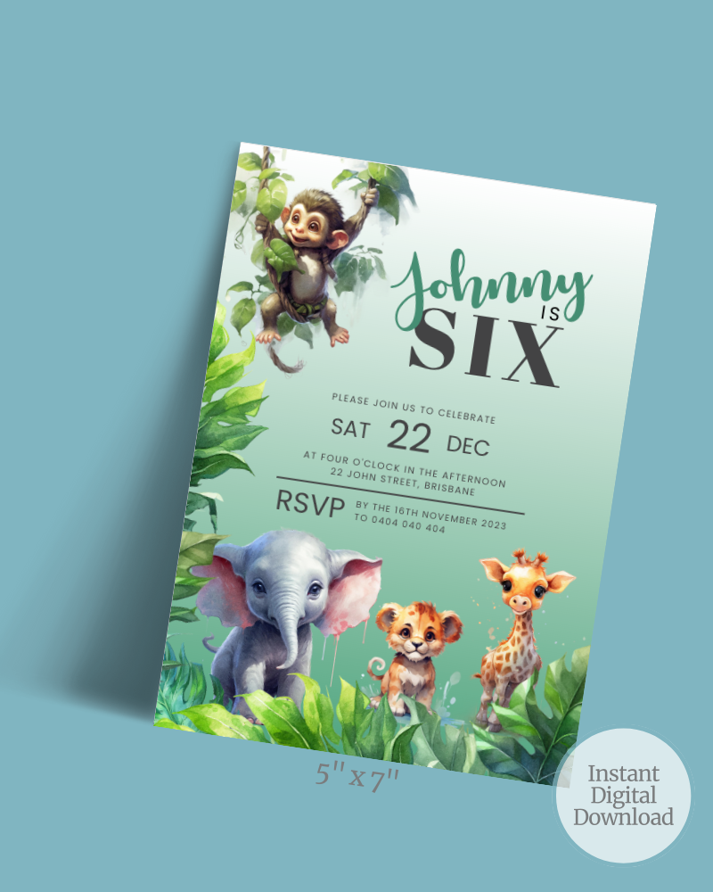 Colorful invitation featuring playful animals amidst lush greenery, celebrating a child's sixth birthday.