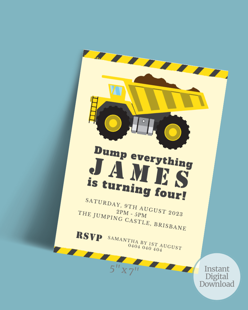 Birthday invitation featuring a yellow dump truck, bold text, and construction-themed accents in a playful layout.