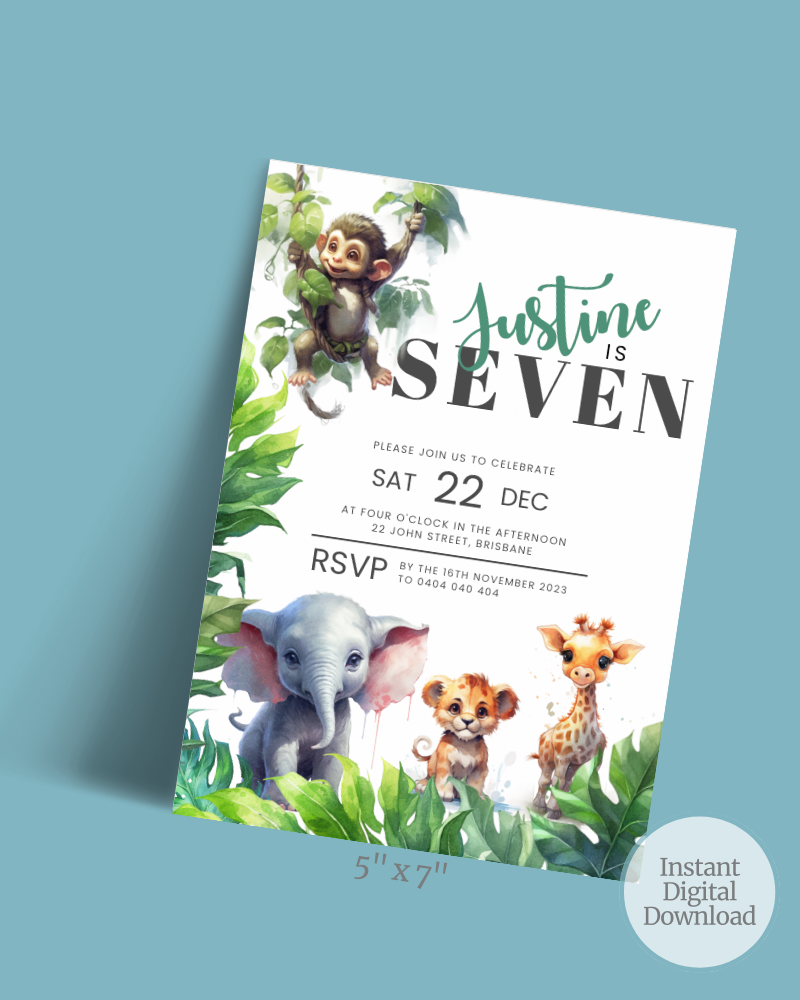 A vibrant invitation featuring playful animals and lush greenery, celebrating a special birthday in December.