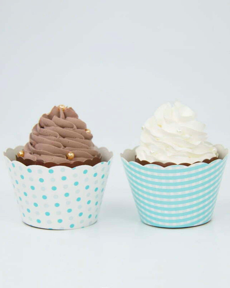 
            
                Load image into Gallery viewer, Chocolate and Vanilla cupcakes in Blue gingham stripe and polka dot cupcake wrappers
            
        