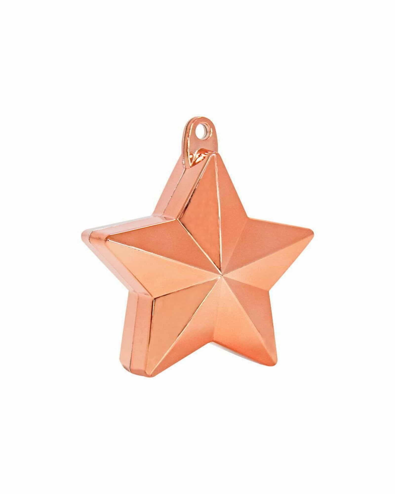 Shiny rose gold star with sharp edges and a loop for hanging, reflecting light from multiple angles.