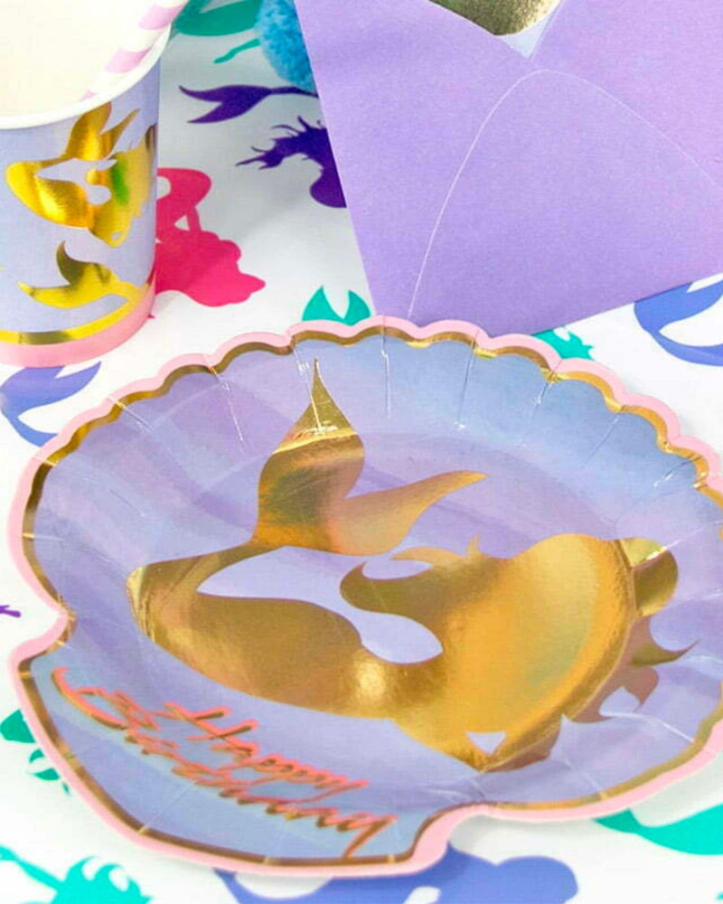 Gold Mermaid on purple shell paper plate