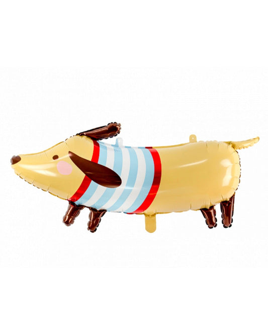 A playful, inflated dachshund with a striped sweater, featuring a cheerful expression and brown accents.