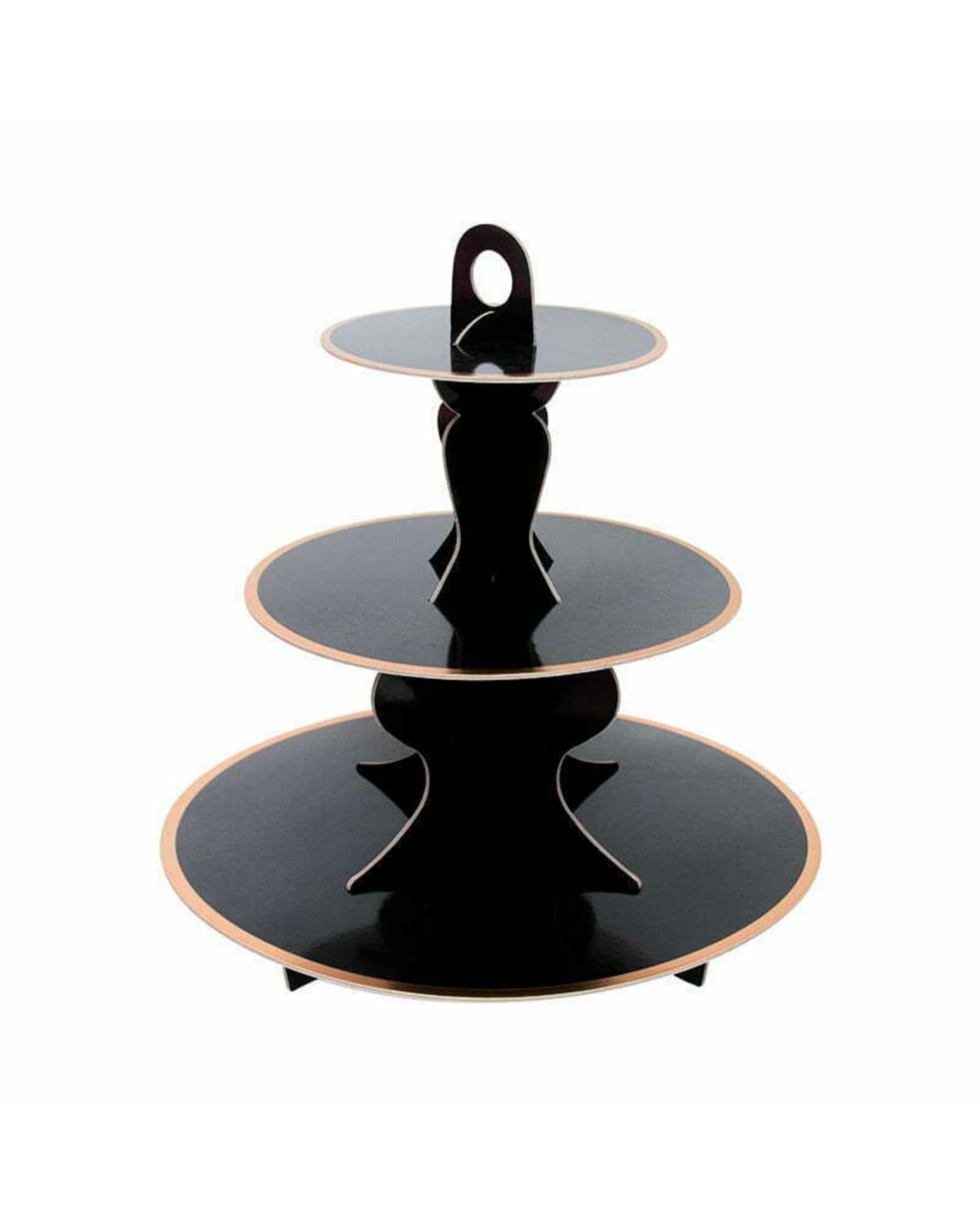 Three-tiered stand featuring sleek black surfaces with a subtle gold edge, designed for elegant display.