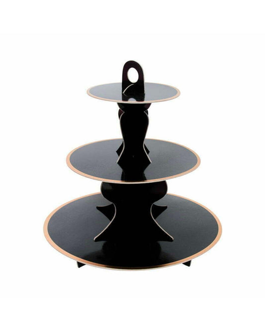 Three-tiered stand featuring sleek black surfaces with a subtle gold edge, designed for elegant display.