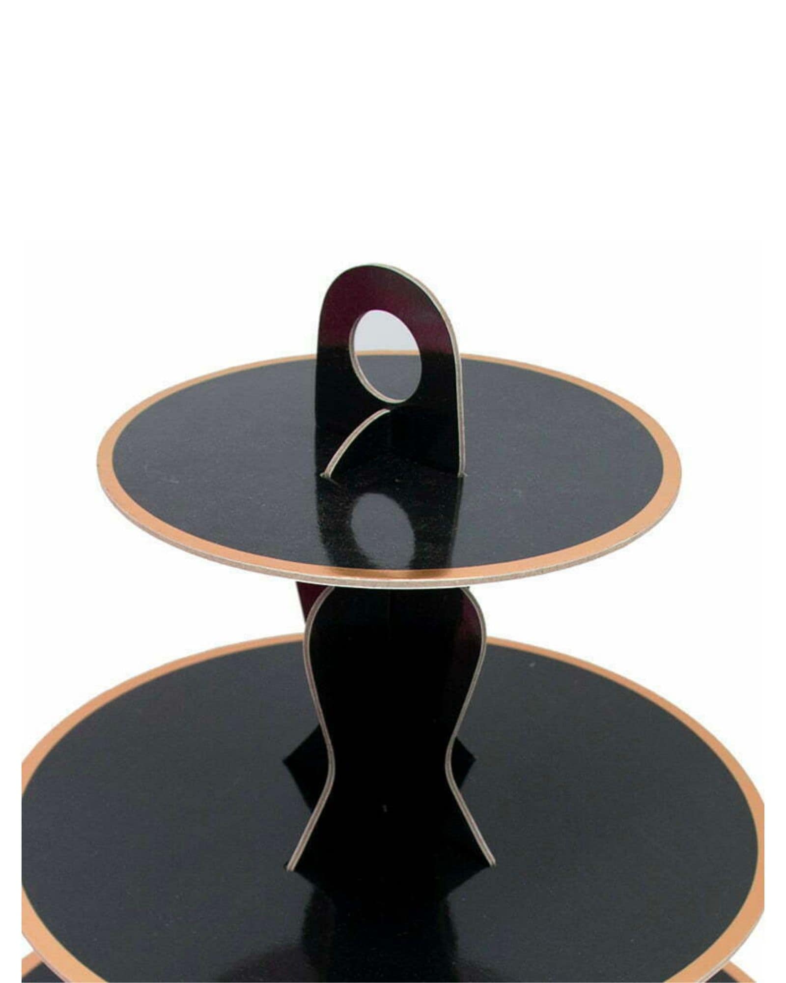 A two-tiered display stand with a sleek black finish and elegant golden trim, featuring a round handle at the top.