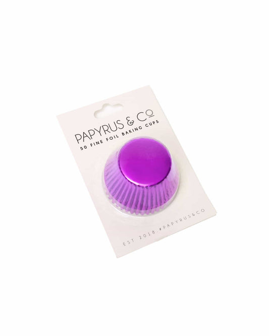 Shiny purple cup with pleated edges, displayed on a white backing with a modern brand label.