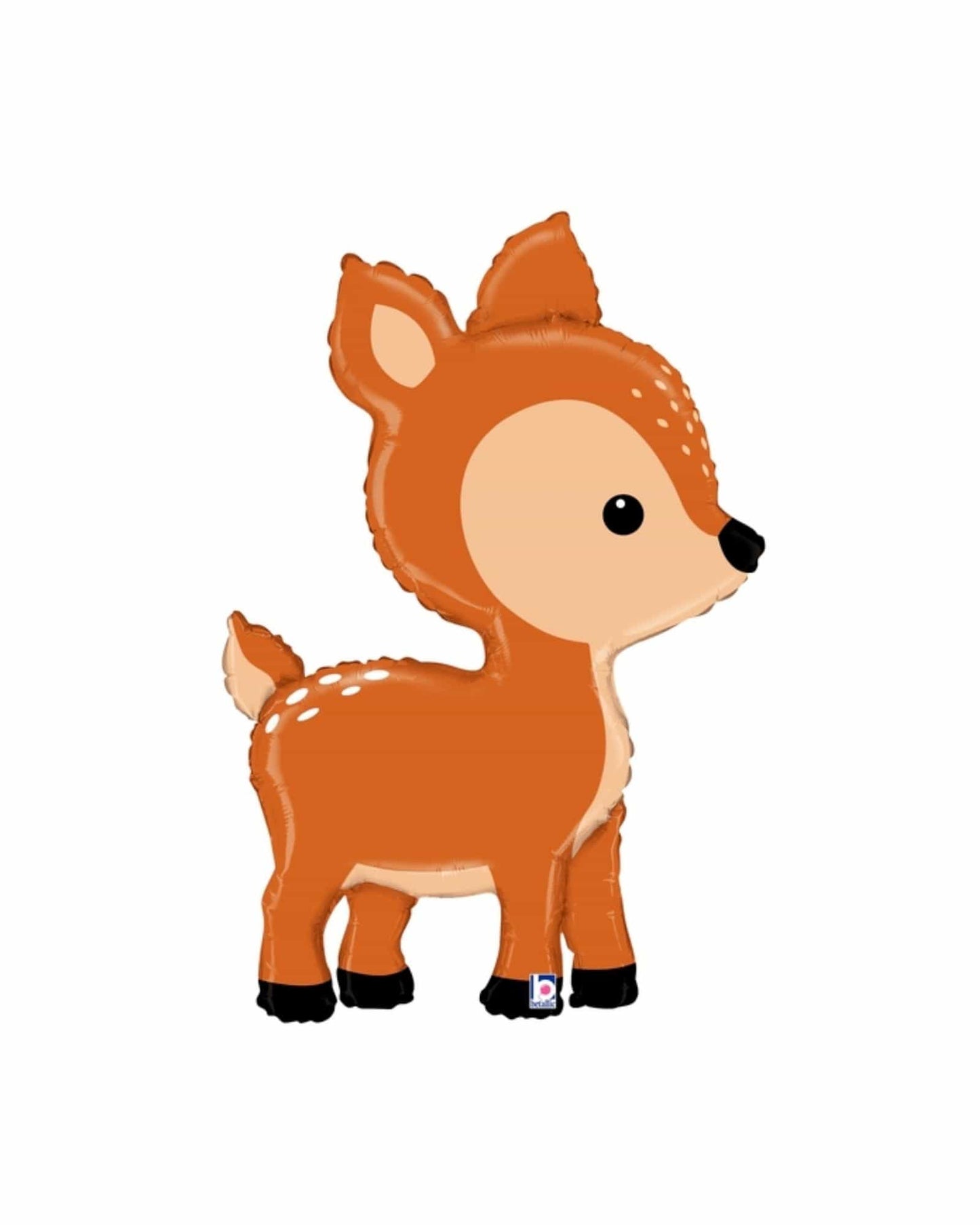 A cute, cartoonish fawn with a brown body, white spots, and a friendly expression, set against a plain background.