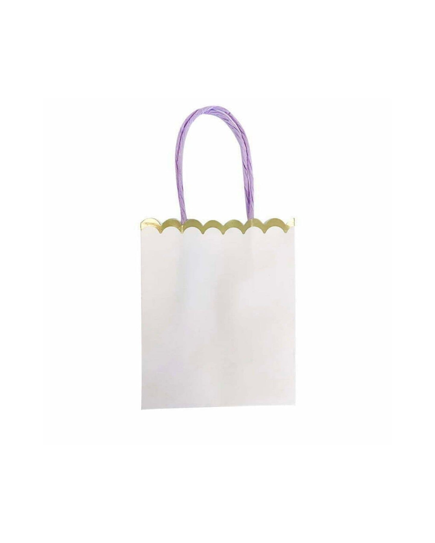 A white bag with a scalloped gold edge and a lavender twisted handle, set against a plain background.