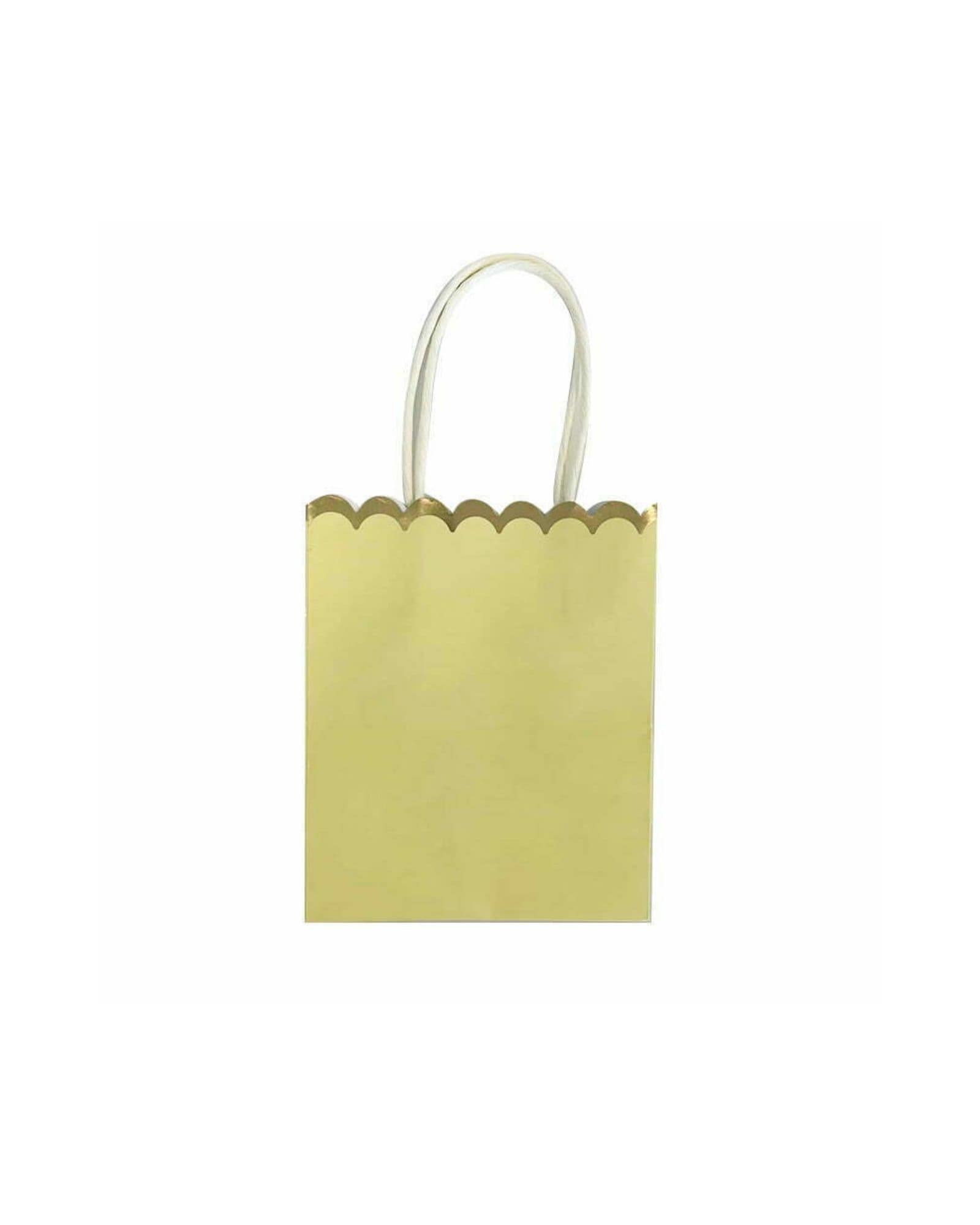 Gold bag with a scalloped edge and white handles, set against a plain white background.